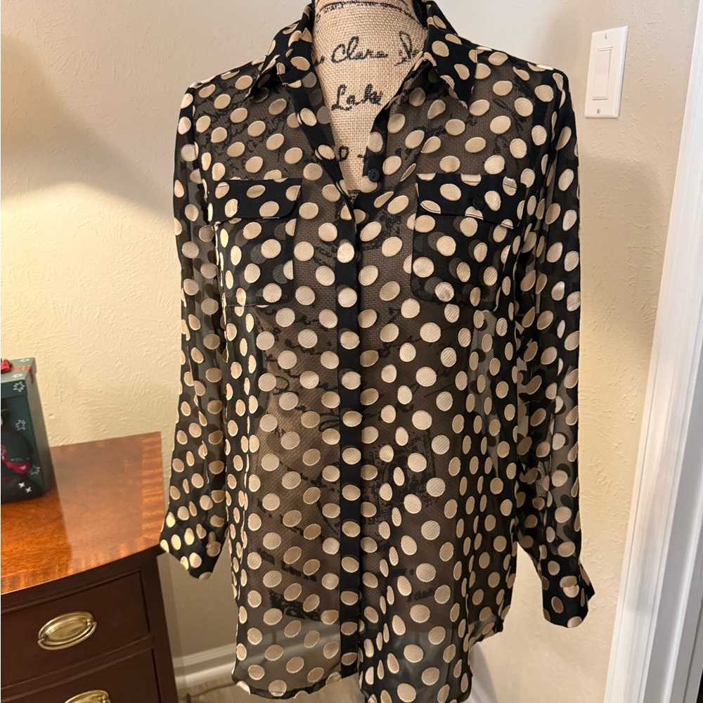 Chico's Black and Cream Polka Dot Button Down Shirt